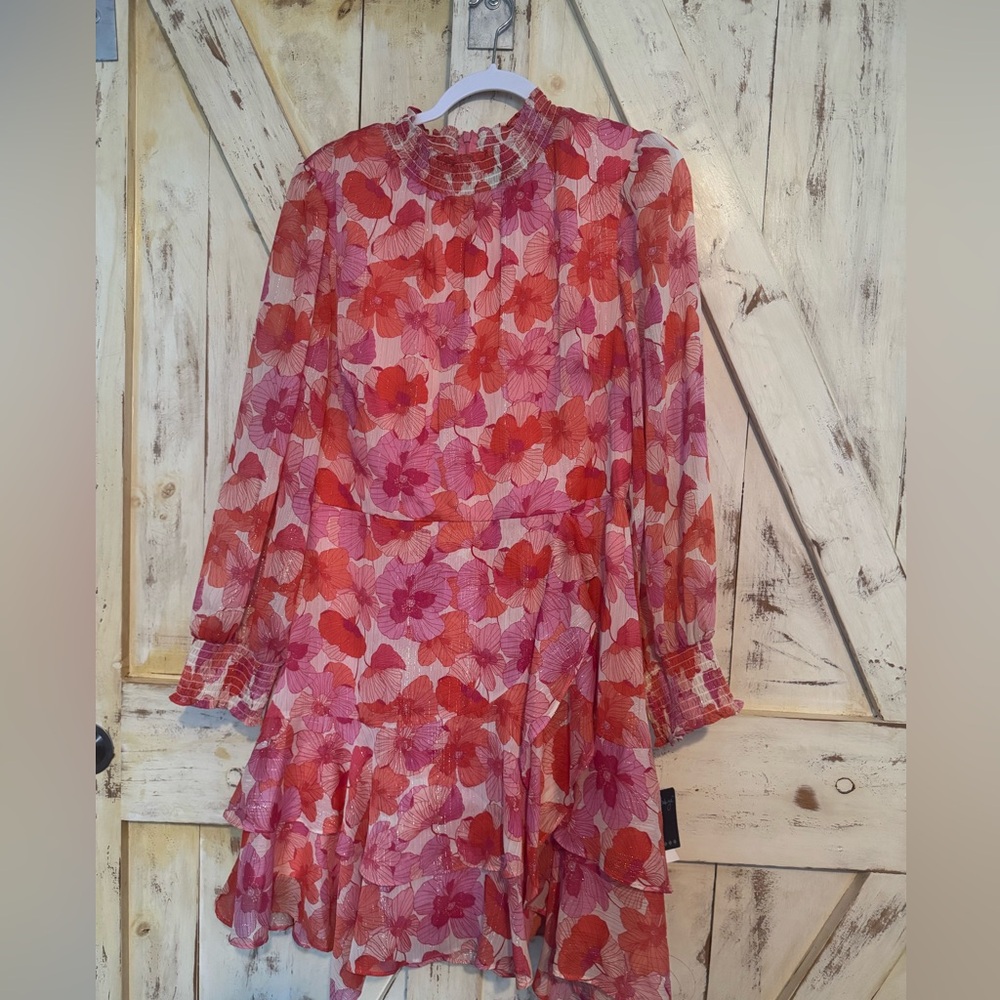 Gabby Skye |‎ Floral Foil Pink Orange Dress Long Sleeves Asymmetrical Size 14